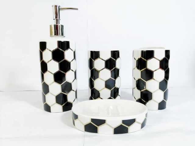Ensemble Accessoires Salle de Bain 4 Pièces Noir & Blanc