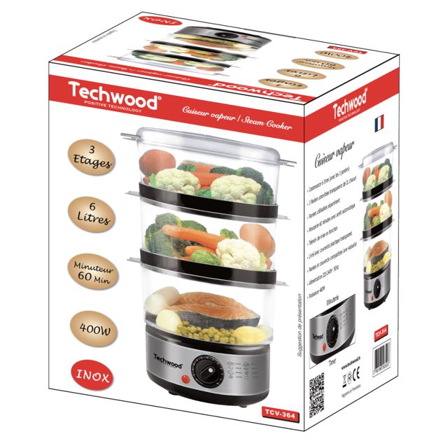 Techwood cuiseur a vapeur 3 Panier 6L TCV-364